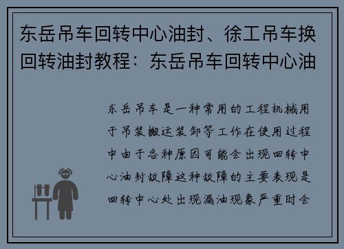 东岳吊车回转中心油封、徐工吊车换回转油封教程：东岳吊车回转中心油封故障分析及解决方案